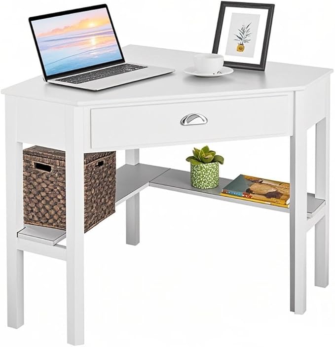 POWERSTONE Corner Desk with Drawer &amp Storage Shelves Small Triangle Writing Table Computer Desk Corner Vanity for Home Office Small Space White