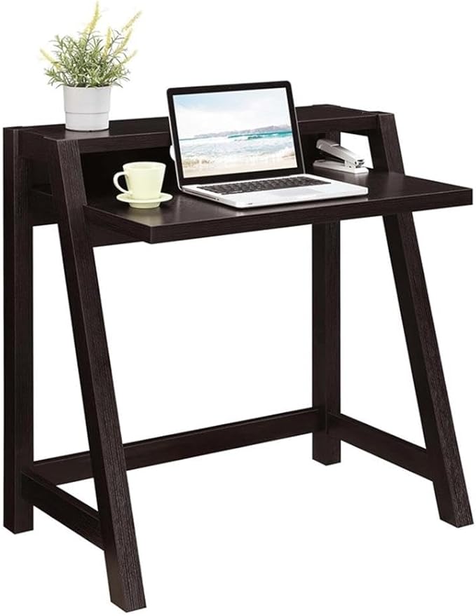 Pemberly Row Contemporary Two-Tier Desk Espresso Wood Finish 34.5 in x 22 in x 35 in Sturdy Manufactured Wood with Cable Management Shelving Modern Home Office Desk for Workspace Organization