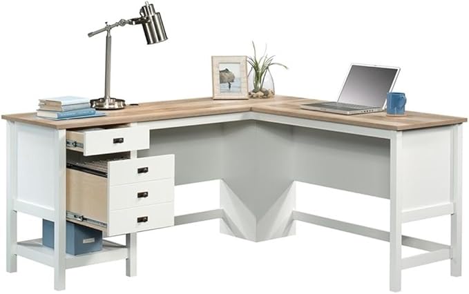 Pemberly Row L-Shaped Engineered Wood Home Office Desk Soft White and Lintel Oak Finish 65 in Wide Spacious Work Surface with Storage Drawers and Shelf Cord Management Versatile Placement