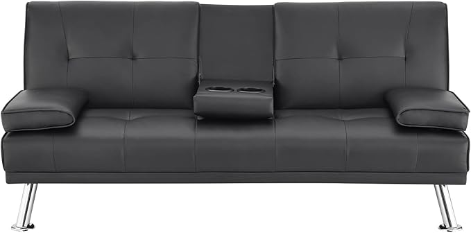 Naomi Home Black Futon Sofa Bed Faux Leather Futon Couch with Armrest and 2 Cupholders Pull Out Sofa Bed Couch with Metal Legs Reclining Small Bed Black Couches for Living Room