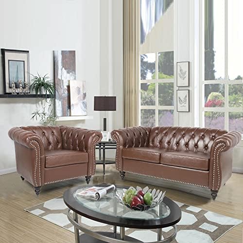 RARZOE 2 Pieces of Living Room Furniture Sofa SetsModern Contemporary Tufted Button Faux Leather Accent Club Chair&ampChesterfield Loveseat Sofas Set with Nailhead Trim Scroll Arms for HomeDark Bro