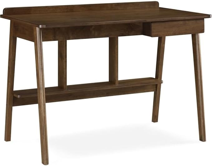 UrbanPro Modern Writing Desk Brown Wood Finish Mid-Century Contemporary Design Slim Profile with Drawer and Shelf Functional Home Office Desk for Small Rooms or Apartments