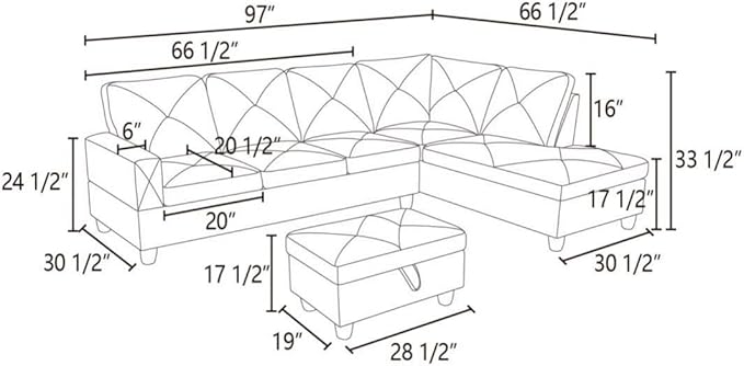 Ginger L-Shaped 3-Piece Faux Leather Sofa with Storage Ottoman Set Sectional Couch Sofa Set for Living Room Office Small Space