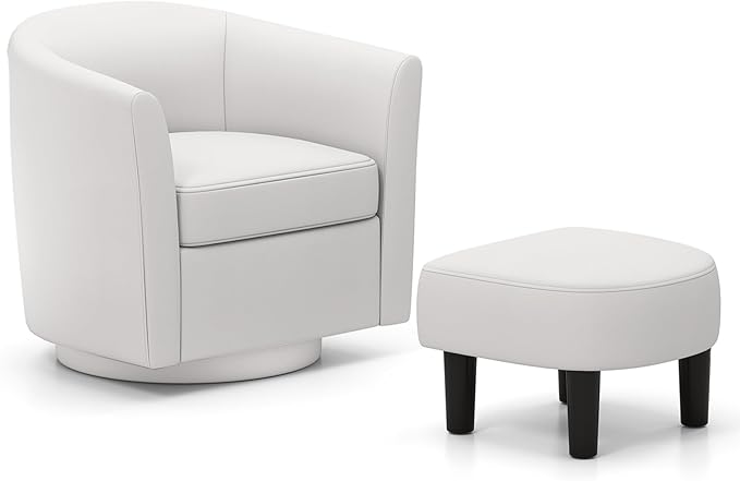 Giantex Swivel Small Accent Chair with Ottoman Modern Barrel Club Chair w/Footrest Curved Backrest &amp Armrests Removable Seat Cushion Swivel Single Sofa Arm Chair for Living Room Bedroom(Cream