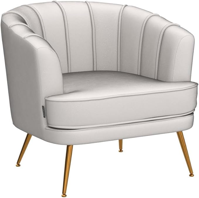 Artechworks Modern Velvet Barrel Chair Accent Armchair with Golden Legs for Living Room Bedroom Home Office Channel Tufted Back Club Chair Beige White Cream