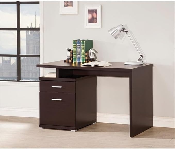 Contemporary Wood Desk with Cabinet Cappuccino Finish 47.25W x 23.5D x 29.5H Chrome Accent Hardware Storage Shelves and Drawer Minimalist Home Office Desk for Workspace