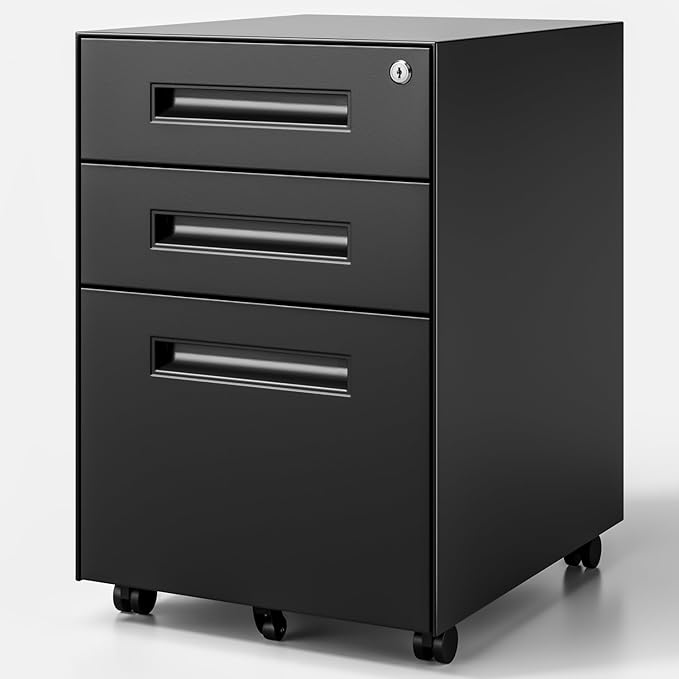 Dripex 3 Drawer File Cabinet Mobile File Cabinet with Lock on Wheels Letter/Legal Size Fully Assembled Modern Small Short Vertical Metal Rolling Filing Cabinets Under Desk for Home Office (Black)