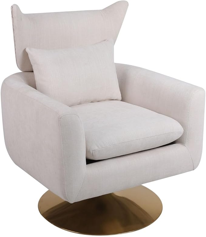 Swivel Accent Chairs for Living Room Mid Century Modern Accent Chair with Arms Comfy Side Chairs for Living Room with Gold Base &amp Lumbar Pillow Upholstered Armchair with Wingback (Beige)