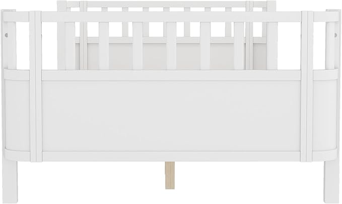 Bellemave Twin XL Montessori Bed with Fence and Slats Twin XL Low Platform Bed Frame with Detachable Side Bed Rails and Rounded Corner Design Easy Assemble Montessori Bed White
