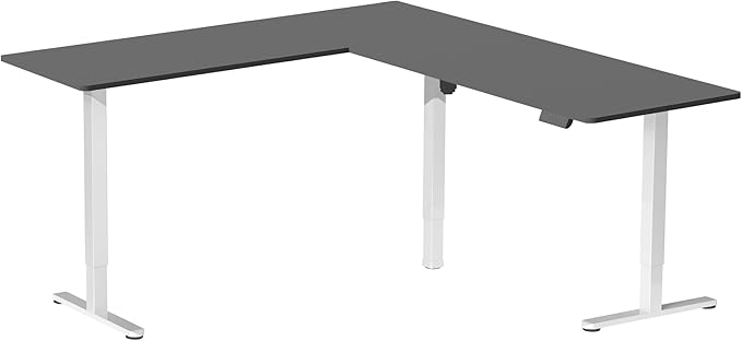 VIVO Corner Standing Desk 84 x 63 inch Reversible L-Shaped Workstation Electric Height Adjustment Home Office and Reception Rooms Black Table Top White Frame DESK-E3CTWB-84
