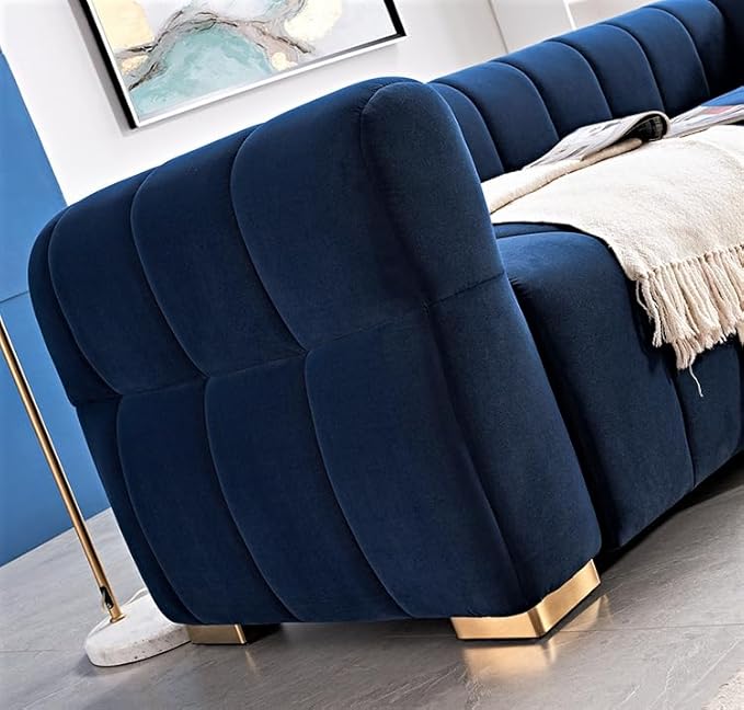 Art Deco Velvet Sofa with Tufted Low Back Design Sophisticated 3 Seater Couch for Living Rooms 89 Inch Wide Easy Assembly Blue