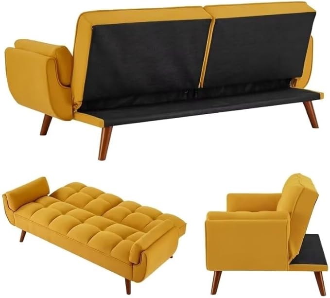 Convertible Sofa Bed Folding Loveseat Couch Modern Futon Recliner Sleeper with Adjustable Backrest Yellow