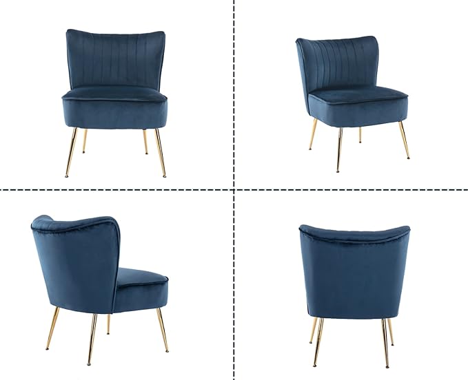Blue Velvet Accent Chairs Set of 2 with Golden Legs Upholstered Side Chairs Mid-Century Modern Slipper Chairs for Guest Room Comfy Armless Wingback Corner Single Sofa Living Room Chairs