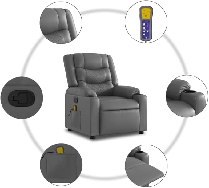 vidaXL Ergonomic Massage Recliner Chair-Adjustable Faux Leather Armchair w/Vibration Manual Recline Cup Holders for Living Room/Lounge-Gray