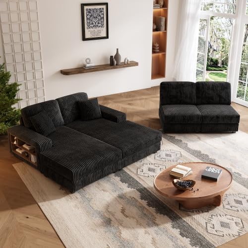 79.5 Oversized Double Chaise Lounge Chair Indoor Modern Upholstered Sleeper Sofa Bed with 2 Storage Armrests and Throw Pillows Comfy Fluffy Corduroy Couch (Black 79.5 Double Chaise)
