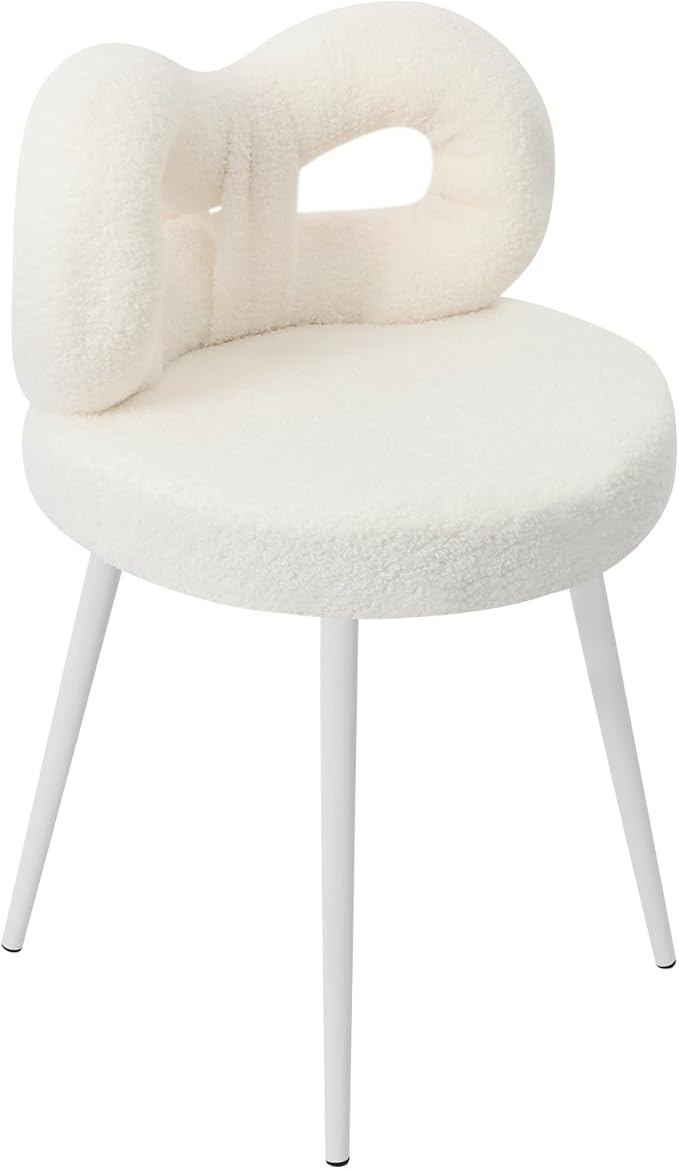 Girls Desk Chair | No Wheels Make up Vanity Chair w/Cute Bow Backrest Comfy Lambswool Fabric Makeup Chair for Bedroom Living Room Upholstered Accent Chair Desk Chair Stool for Girls (White)