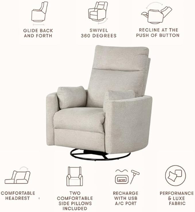 Pemberly Row Modern Polyester Fabric Swivel Recliner Upholstered Seating Chair Featuring Swivel Reclining Function for Residential Seating Applications Polyester Fabric in Natural Quartz Finish