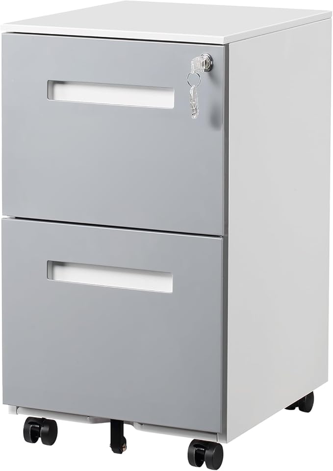 2 Drawer Mobile File Cabinet with Lock &amp Wheel Under Desk Rolling Vertical Filing Cabinet Anti-Tipping Design Metal Storage Cabinet for Legal Letter A4 (Gray)