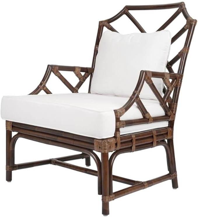Pemberly Row Accent Arm Chair 17.5 Seat Height Rattan and Cotton Paloma Brown Finish Chinese Chippendale Style Removable Cushion Coastal or Classic Decor for Living Room or Bedroom