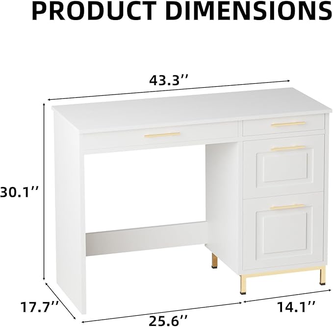 4 EVER WINNER White Desk with Drawers 44 Inch Computer Desk with Storage and Golden Handle Writing Desk Sturdy Table for Home Office White and Gold Desk