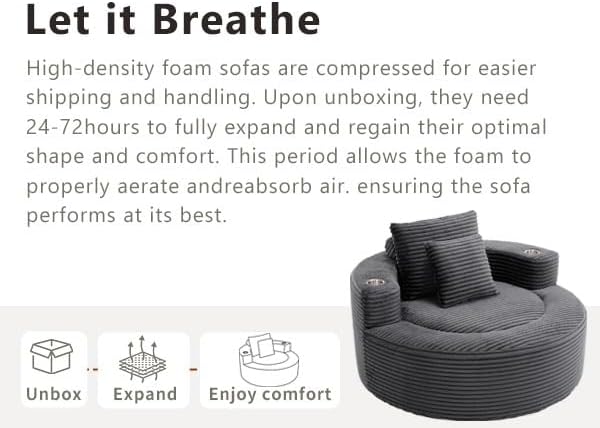 55 Oversized Round Boneless Couch Sofa Velvet Memory Foam Cloud Couches Lounge Chair Comfy Fluffy Single Sofa with 3 Pillows for Living Room Bedroom No Assembly Required (Grey +Velvet)
