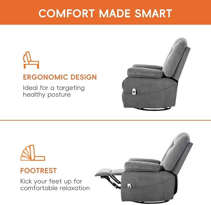 Power Swivel Rocker Recliner with Massage and Heat USB and Type-C Port Infinite Position Electric Glider Rocking Chairs Living Room Soft Fabric Reclining Sofa Chair (Velvet Grey)
