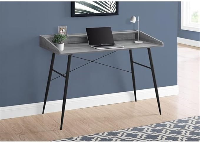 Pemberly Row 47.25 Wood Computer Desk with Small Hutch Gray Finish Mid-Century Modern Style Metal Base with Black Legs Compact Laptop or Writing Table for Home Office or Bedroom