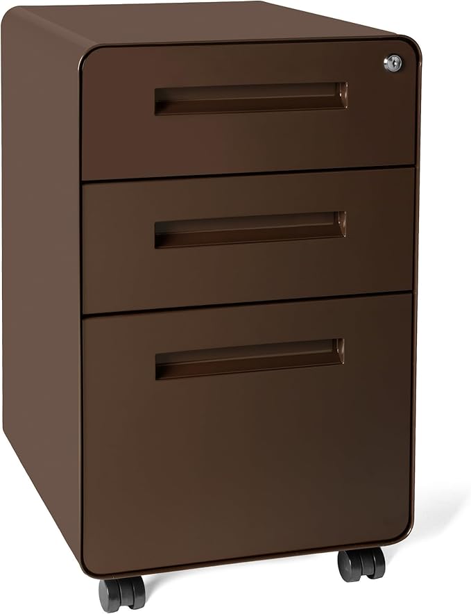 Laura Davidson Furniture Stockpile 3 Drawer File Cabinet with Lock - Under Office Desk Metal Filing Cabinet Legal/Letter File Folders Wheels and Stationary Feet Pre-Assembled Dark Brown