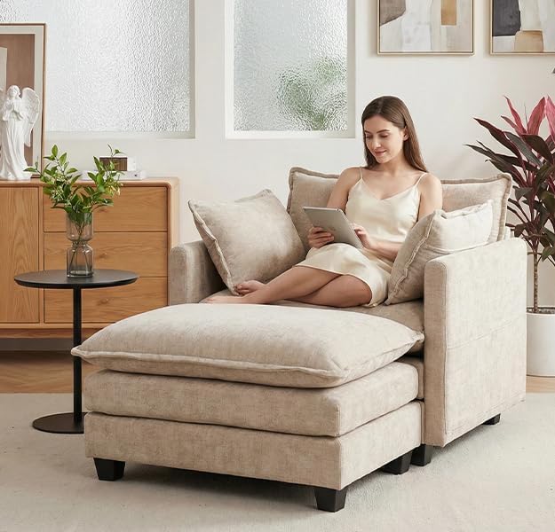 Furniliving Oversized Accent Chairs with Ottoman Luxury Chenille Single Sofa Upholstered Deep Seat Chaise Lounge with Pillows for Living Room Bedroom Apartment Camel