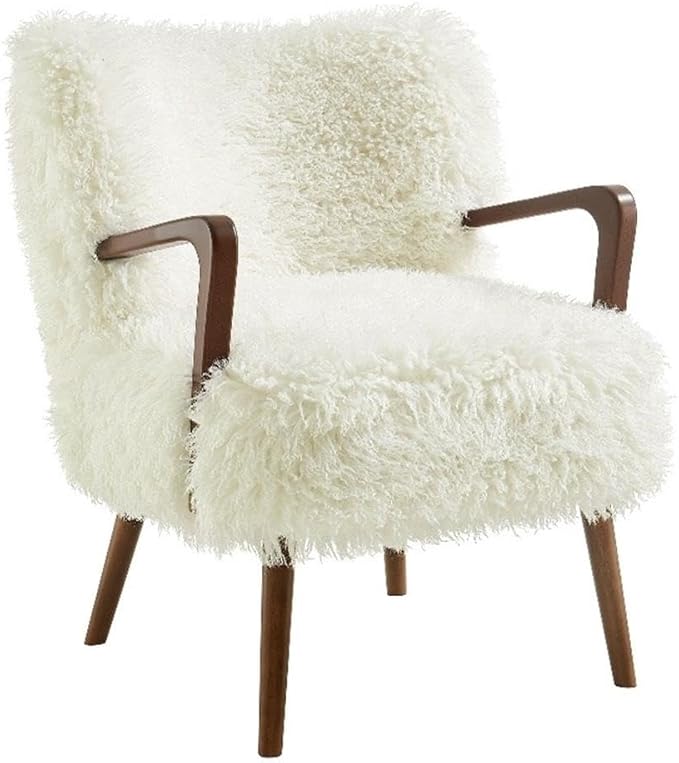 Modway Zerra Upholstered Faux Shearling Lounge Chair in White – Mid-Century Modern Accent Armchair with Wood Frame – Fuzzy Fabric Single Sofa Chair