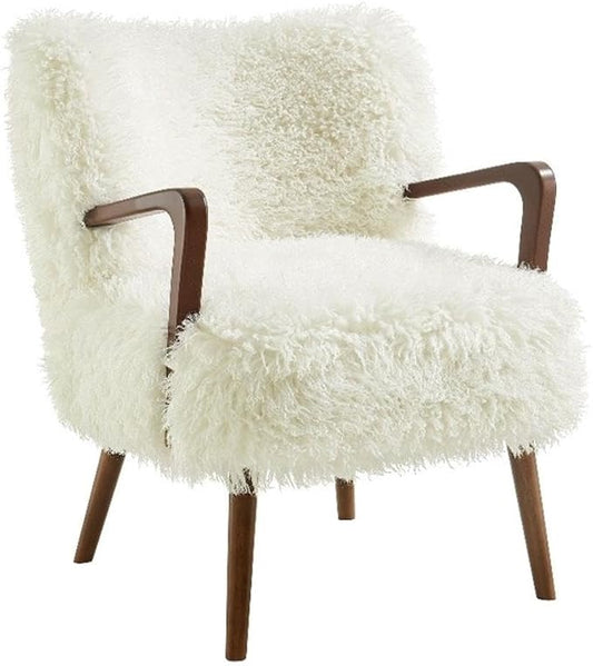 Modway Zerra Upholstered Faux Shearling Lounge Chair in White – Mid-Century Modern Accent Armchair with Wood Frame – Fuzzy Fabric Single Sofa Chair
