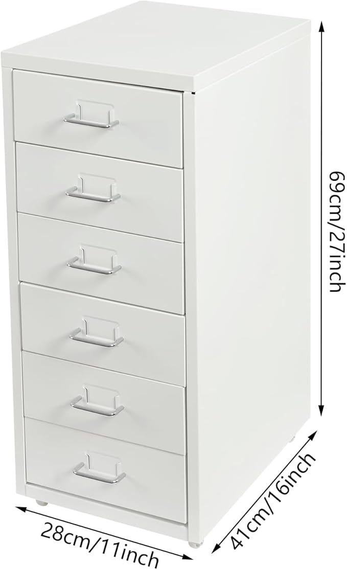 6 Drawers File Cabinet with Lock Rolling Mobile Filing Cabinet with Wheels Under Desk Vertical Filing Cabinet for Office/Home Metal (White)