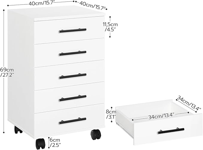 HOOBRO 5-Drawer File Cabinet Office Filing Cabinet with Drawers Wooden Mobile Storage Cabinet with Wheels for Makeup Home Office Easy Assembly White WT05WJ01G1