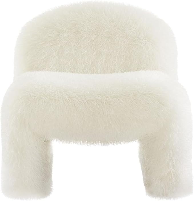 MAKLAINE Contemporary Faux Fur Upholstered Accent Chair White Rounded Backrest Low Profile Armless Design Sled Base with Non-Marking Foot Caps Modern Living Room or Bedroom Seating Fully