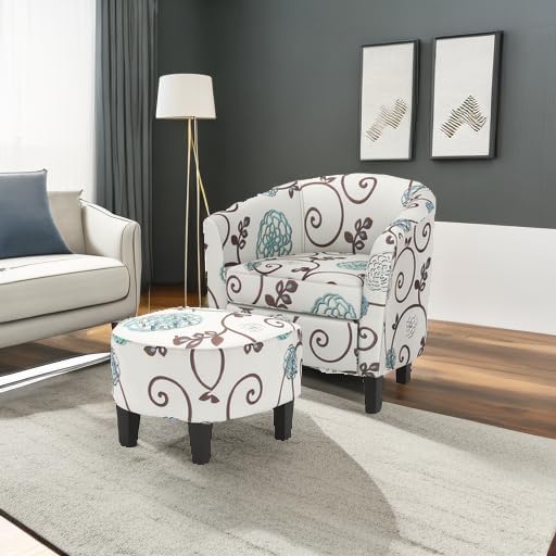 Giantex Small Accent Chair with Ottoman Set Upholstered Barrel Chair with Footrest Modern Accent Armchair with Ottoman Round Club Chair for Living Room Small Space Bedroom (Blue Flower)