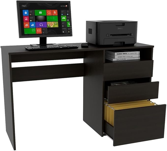 Pemberly Row Computer Desk 47.4 Wx17.1 Dx29.5 H Engineered Wood Black Finish 3 Drawer Design with Cubby Space Compact Modern Style Home Office Desk for Workspace Storage