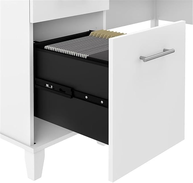 Pemberly Row 60W L Shaped Desk with Storage Engineered Wood White Finish Wire Management Slots Keyboard Tray Adjustable Shelf File Drawer Home Office Desk for Workspace Organization