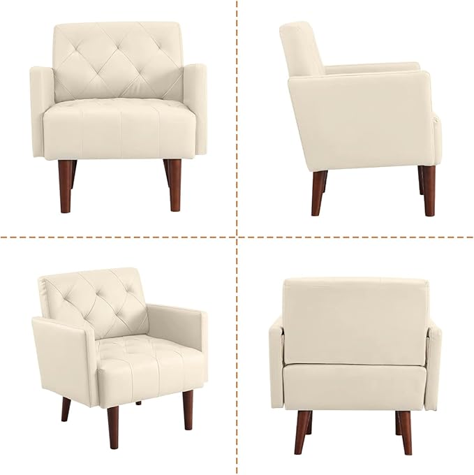 Leather Accent Chair Mid Century Modern PU Leather High Back Armchair for Living Room Chairs with Solid Wood Legs for Small Spaces Bedroom Office (White 29.1 x 25.6 x 31.1)