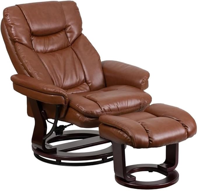 Pemberly Row Leather Recliner Chair 41.25 H x 33 W x 34-44.5 D Vintage Brown Finish Mahogany Wood Base Swivel Seat Plush Upholstered Arms Lever Adjusting Recliner for Home or Office Lounge