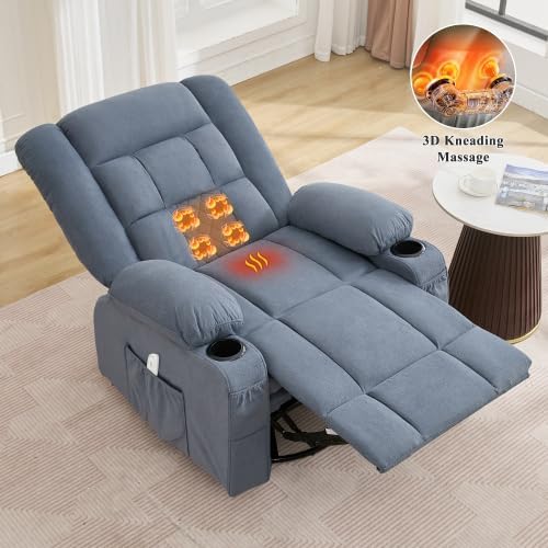 Oversized Recliner Chair for Adults w/ 8-Point 3D Kneading Massage and Lumbar Heating Swivel Rocker Recliner w/USB Charge Port for Living Room Ergonomic Lazy Boy Single Sofa Chair (Blue)