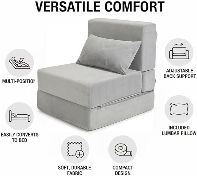 Folding Sofa Bed Convertible Sleeper Chair with Pillow Foldable Mattress &amp Back Support Portable Floor Lounger Futon for Apartment Dorm Living Room Bedroom Grey