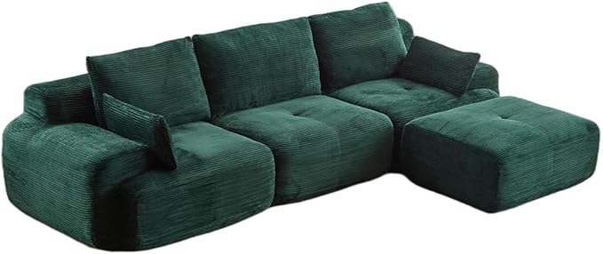 Modular Sectional Sofa Comfy Boneless Cloud Couch with Pillows Pet-Friendly Corduroy Fabric Sectional Couches for Living Room No Assembly Required (Green 3 Seat)