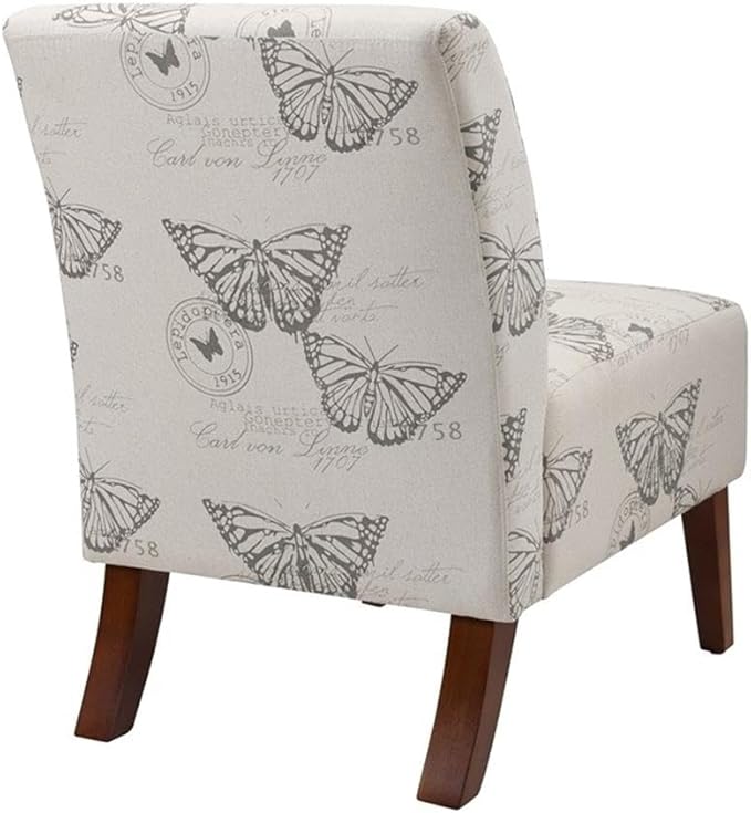 Riverbay Furniture 17.5'' Slipper Chair Gray Butterfly Linen Upholstery Eucalyptus Wood Frame Dark Espresso Legs Contemporary Animal Print Accent Chair Stylish Seating for Living Room or Bedroom