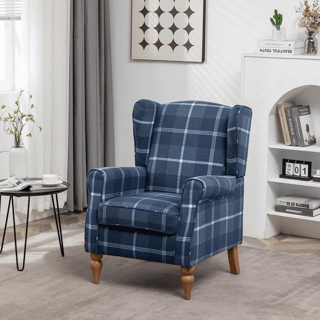Modern Accent Chair with Retro Wood Legs Comfy Upholstered ArmchairTantan Check Design Single Sofa Chair for Living Room Bedroom Office - Blue