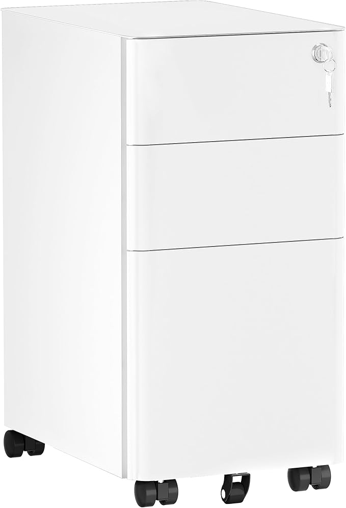 YITAHOME DWVO 3-Drawer Vertical File Cabinet Mobile Filing Cabinet with Lockable Pre-Assembled Compact Slim File Cabinet Portable Office Storage for A4/Letter/Legal Documents (White)
