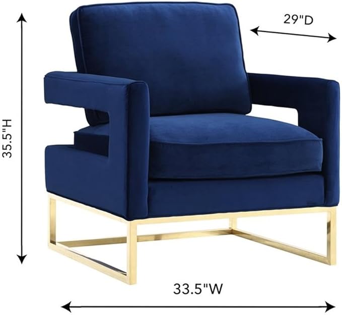 TOV Furniture The Avery Collection Modern Style Living Room Den Leather Upholstered Armchair with Gold Legs Navy
