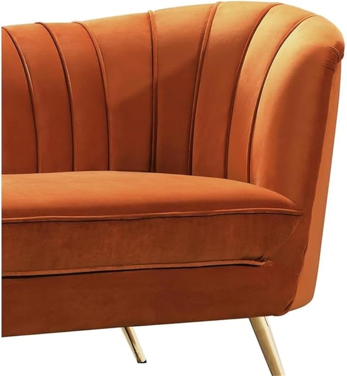Meridian Furniture Margo Collection Modern | Contemporary Velvet Upholstered Loveseat with Deep Channel Tufting and Rich Gold Stainless Steel Legs Cognac 65 W x 30 D x 33 H