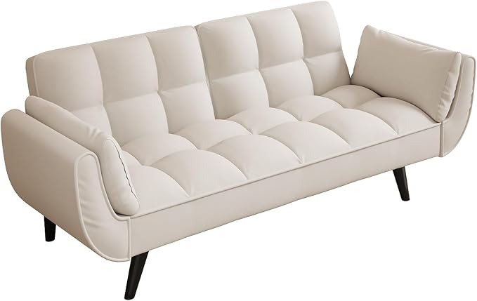 Velvet Futon Sofa Couch Bed with 2 Pillows Convertible Folding Futon Couch with Adjustable Backrest Love Seat Sleeper Sofa Bed for Small Spaces Living Room Office Apartment (Beige)