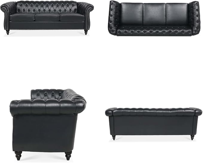 Home Sofa Living Room Furniture 3 Seater Leather Upholstered Sofa Couch Modern Comfy Couch with Faux Leather Cushions Mid Century Tufted Chesterfield Sofas for Bedroom Office Apartment (Black)