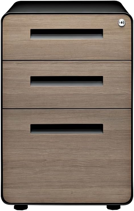 Laura Davidson Furniture Stockpile 3 Drawer File Cabinet with Lock - Under Office Desk Metal Filing Cabinet Legal/Letter File Folders Wheels and Stationary Feet Pre-Assembled Black/Wood